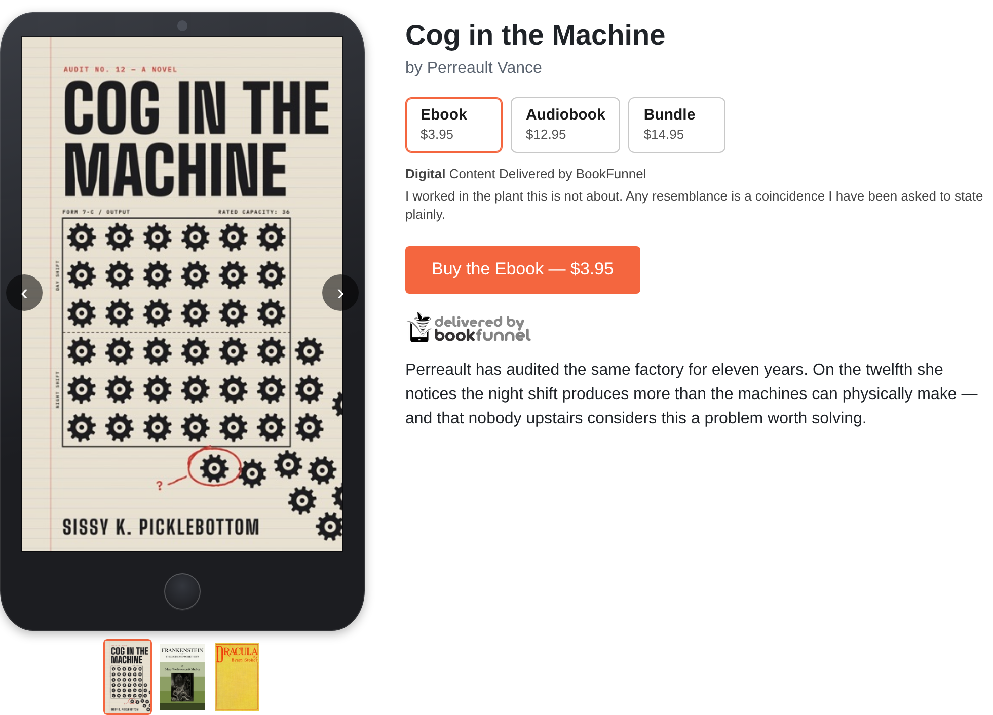 The page a product's link opens: the cover of Cog in the Machine on
    the left, and on the right the title, by Perreault Vance, three formats to
    choose from (Ebook $3.95, chosen, Audiobook $12.95 and Bundle $14.95), the
    seller note, a Buy the Ebook button and the Delivered by BookFunnel mark,
    with the description below.