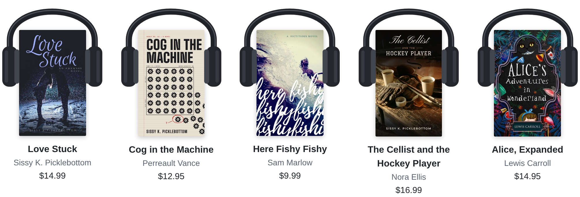 The same five books on the Audiobooks tab: each cover sits inside a
    pair of headphones.
