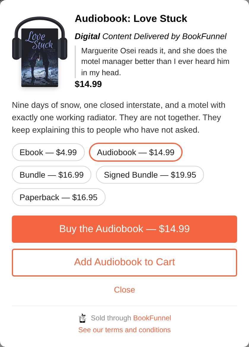 The window for Love Stuck, opened from the Audiobooks tab: the cover
    in headphones, Audiobook: Love Stuck at $14.99, the author's note about the
    narrator, the description, the five formats with prices with Audiobook
    chosen, then Buy the Audiobook — $14.99, Add Audiobook to Cart, and
    Close.