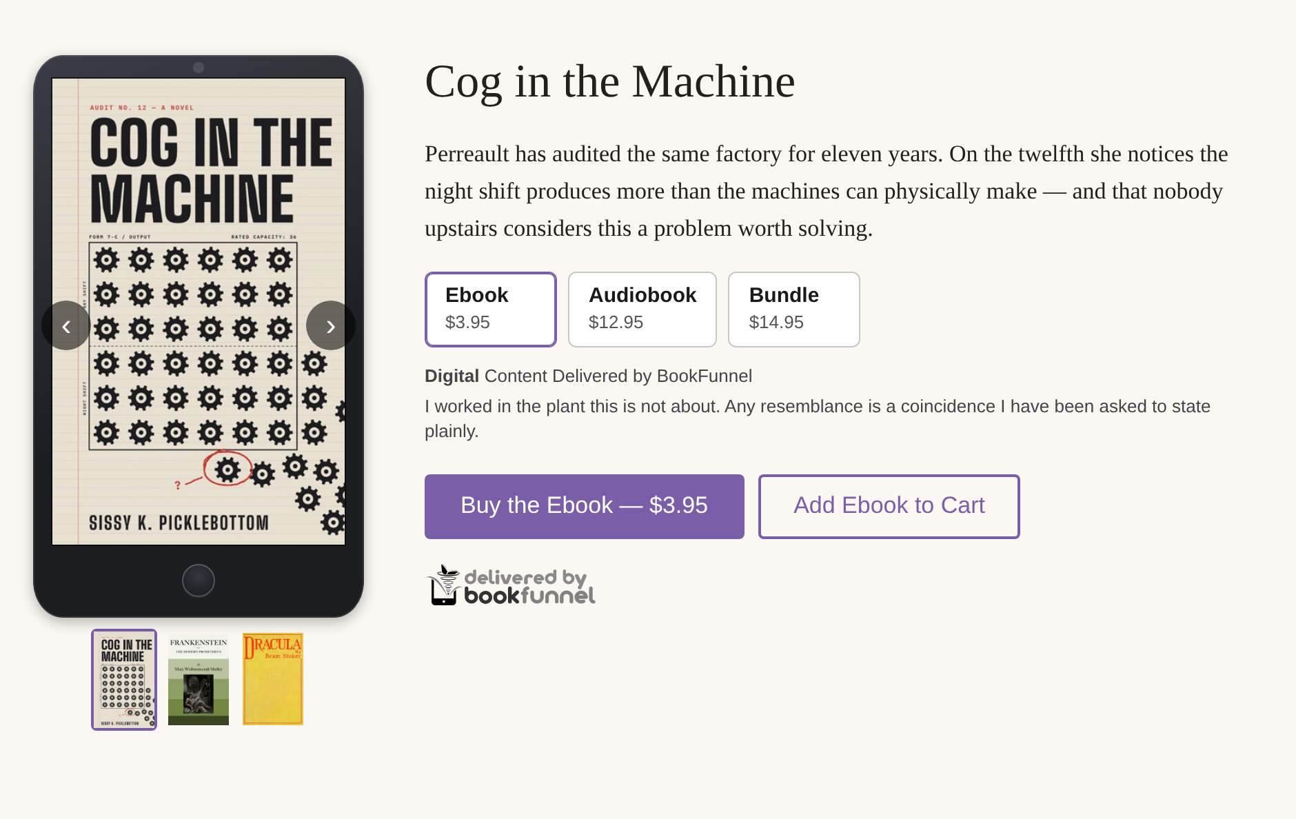 A book page on an author's own website, in the site's serif type and
    purple accent: the cover of Cog in the Machine, the title and description,
    three formats (Ebook $3.95, chosen, Audiobook $12.95 and Bundle $14.95), a
    purple Buy the Ebook button, an Add Ebook to Cart button and the Delivered
    by BookFunnel mark.