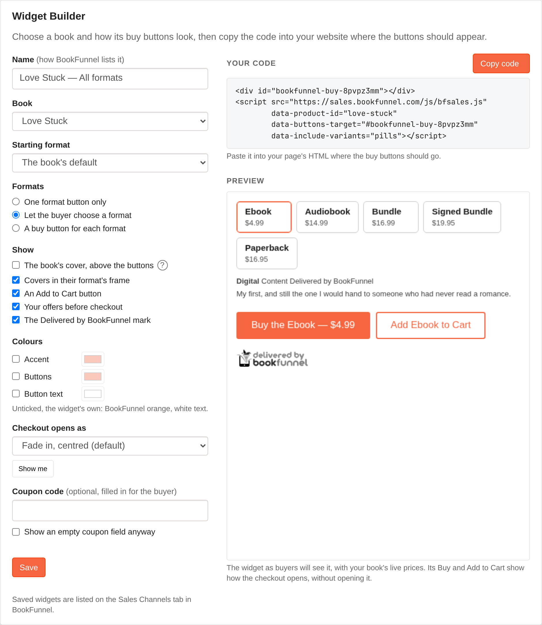 The Widget Builder in the BookFunnel dashboard: the product and the
    button options on one side, and the script tag it writes, with a Copy
    button, on the other.